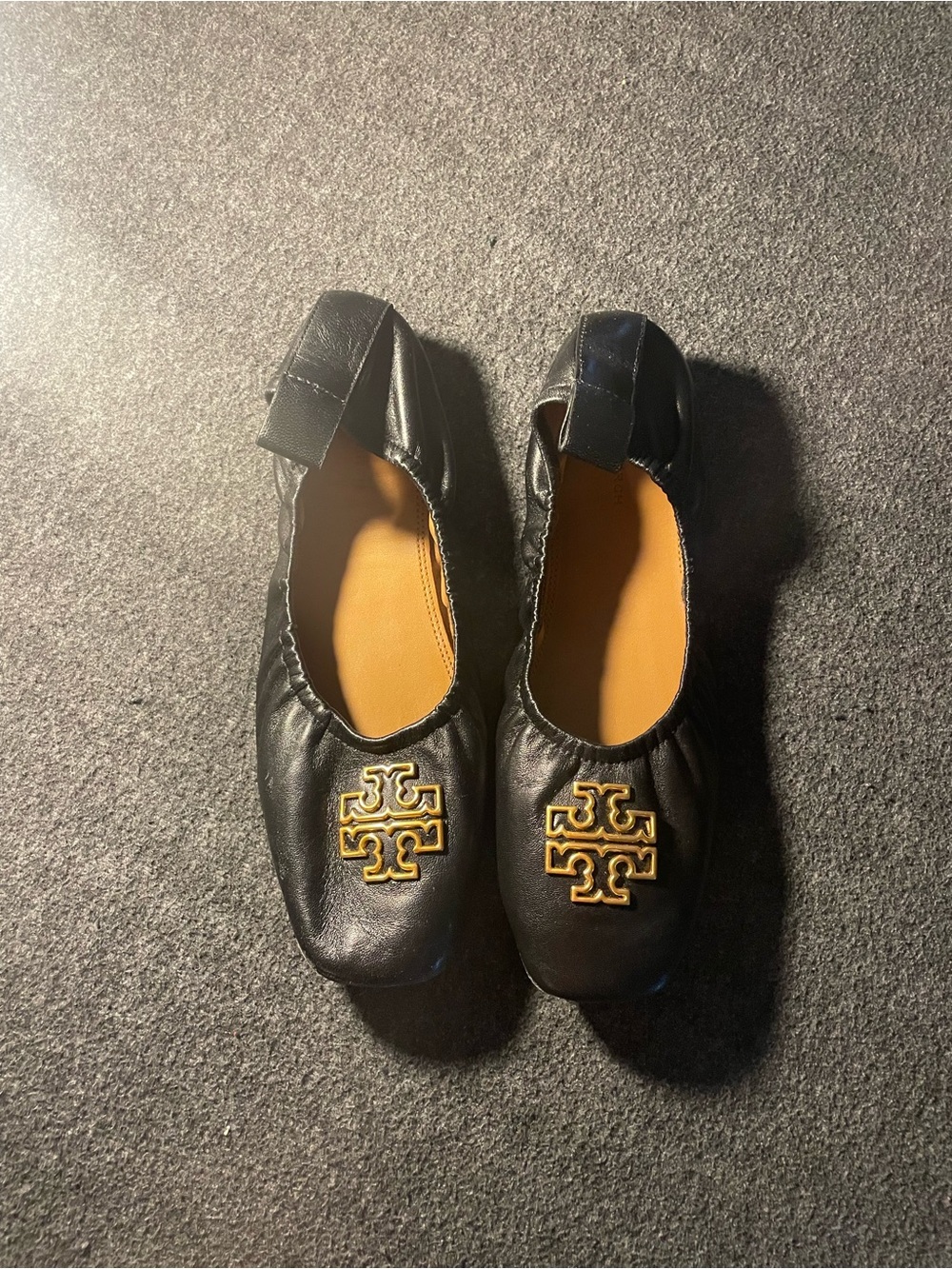 Tory Burch Black Girls Leather Ballet Flats with Gold Logo Emblem